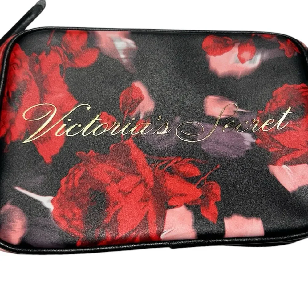 Victoria's Secret Red & Black Floral w/Gold-Tone Heavy Chain Crossbody Bag Purse